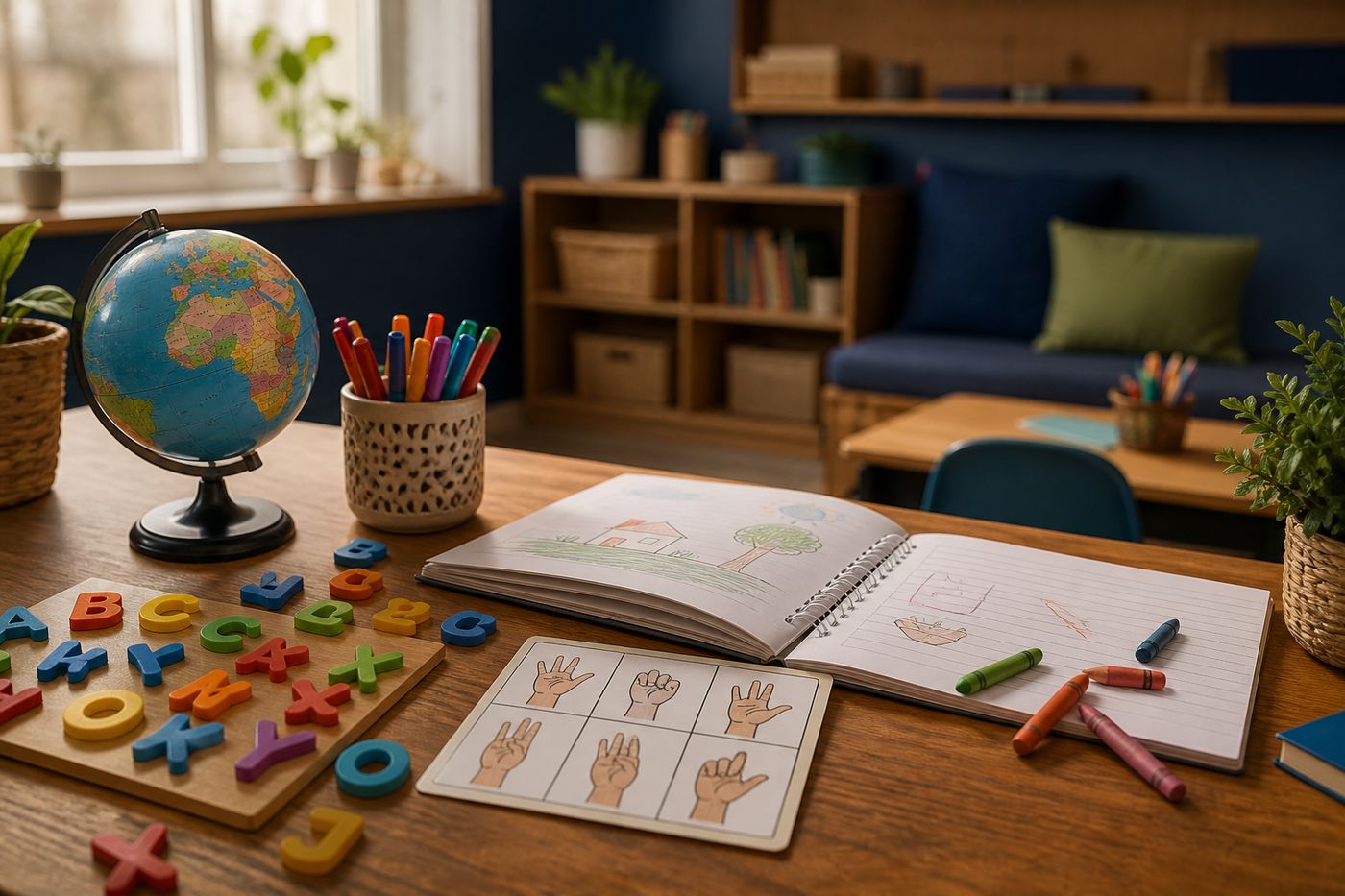 Mesa de estudos com cadernos, lápis de cor e letras, em um ambiente de aprendizagem acolhedor