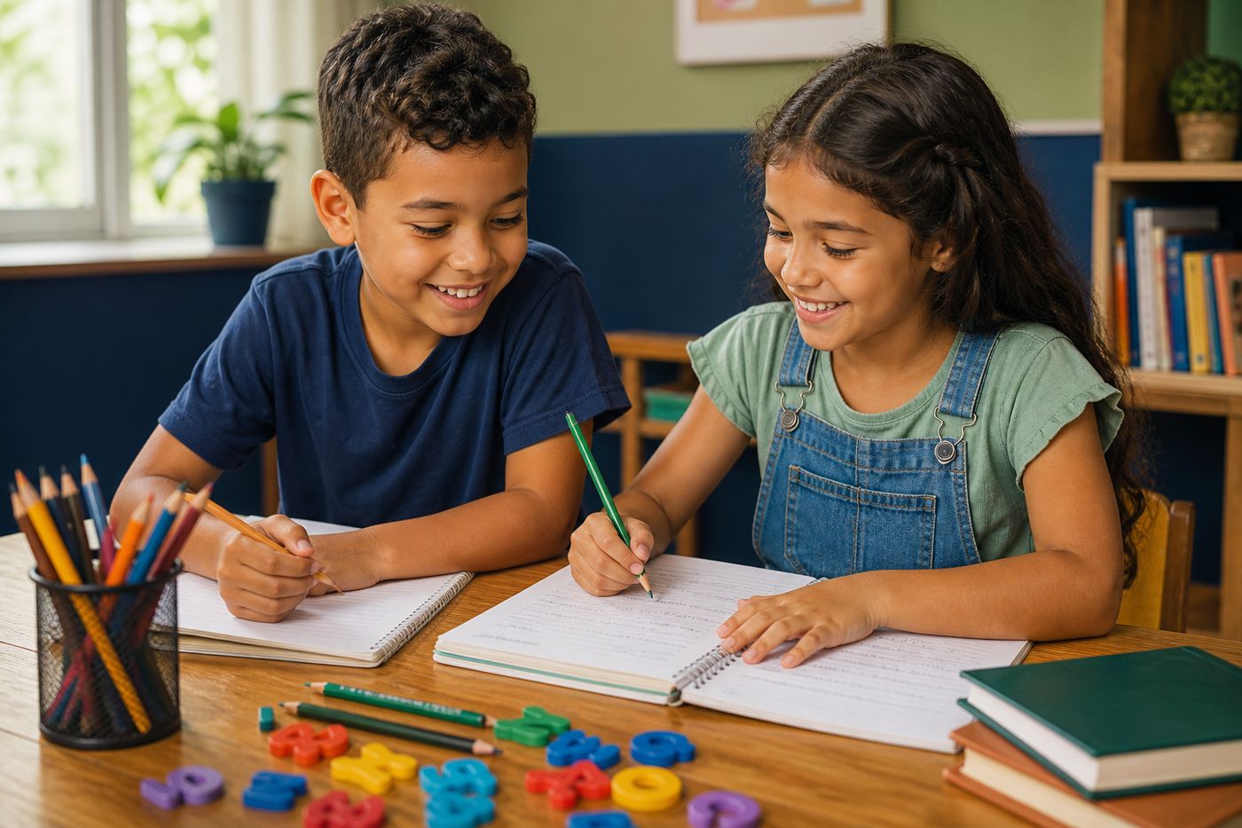 Duas crianças estudando juntas, com cadernos e lápis de cor sobre a mesa